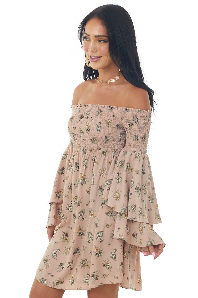 Dusty Rose Floral Print Off the Shoulder Mini Dress
