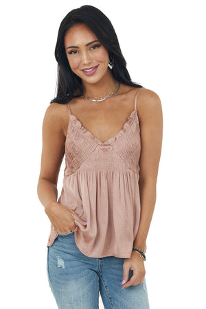 Dusty Rose Gathered Babydoll Satin Tank Top