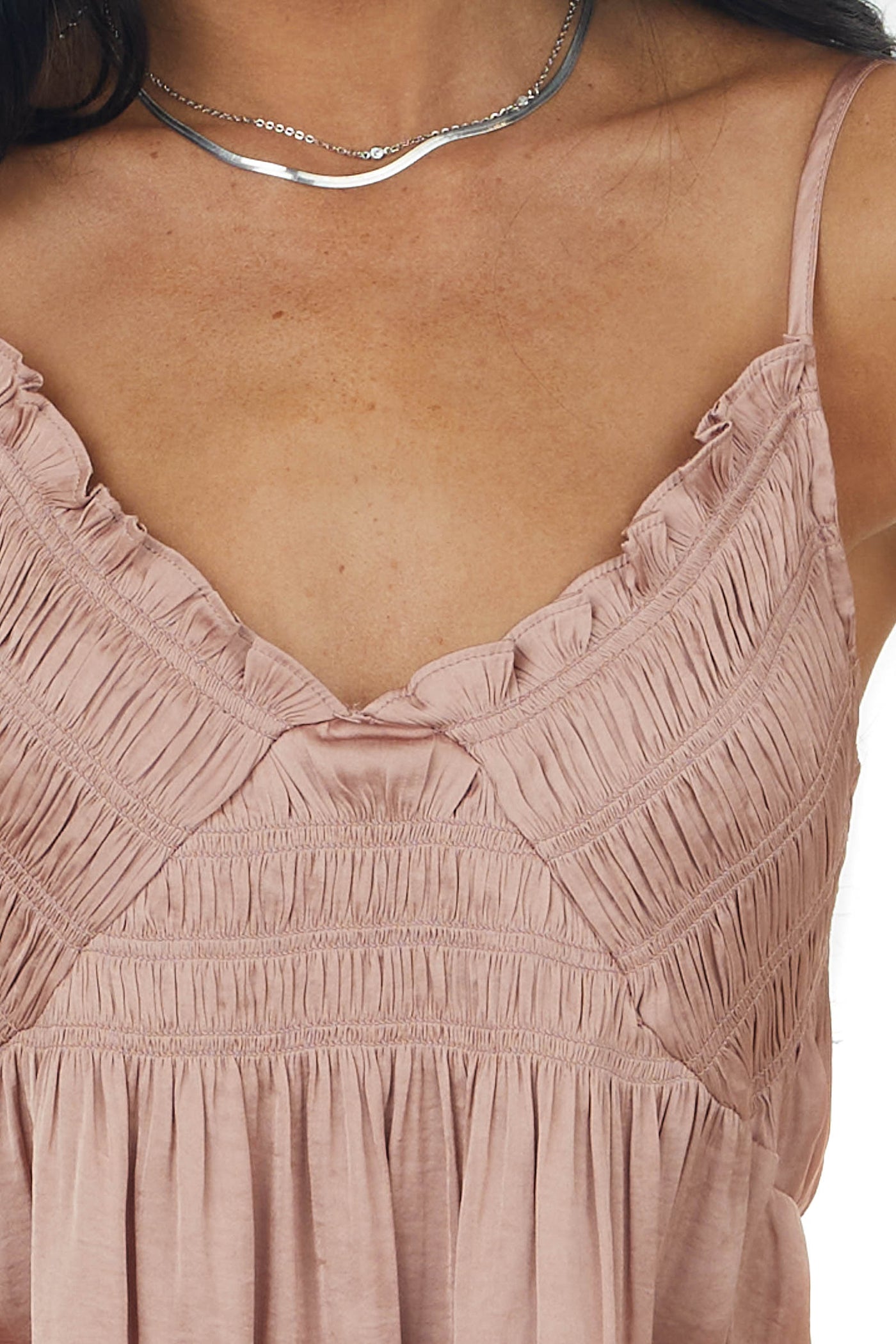 Dusty Rose Gathered Babydoll Satin Tank Top