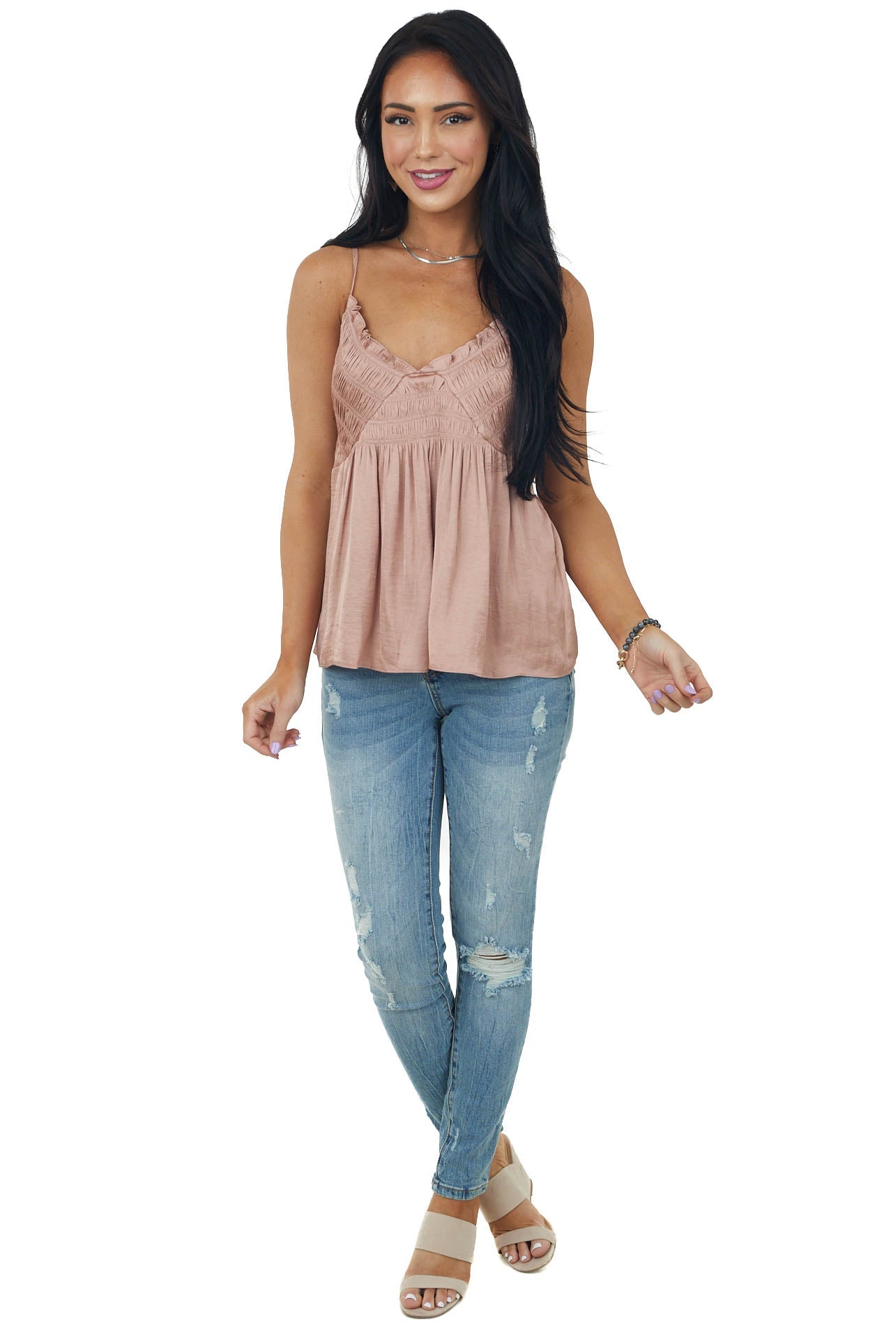 Dusty Rose Gathered Babydoll Satin Tank Top
