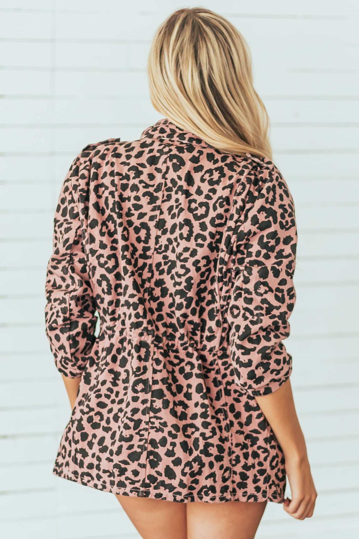 Dusty Rose Leopard Print Denim Jacket with Pockets