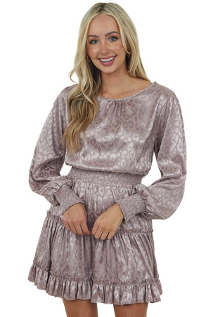 Dusty Rose Leopard Print Satin Smocked Short Dress