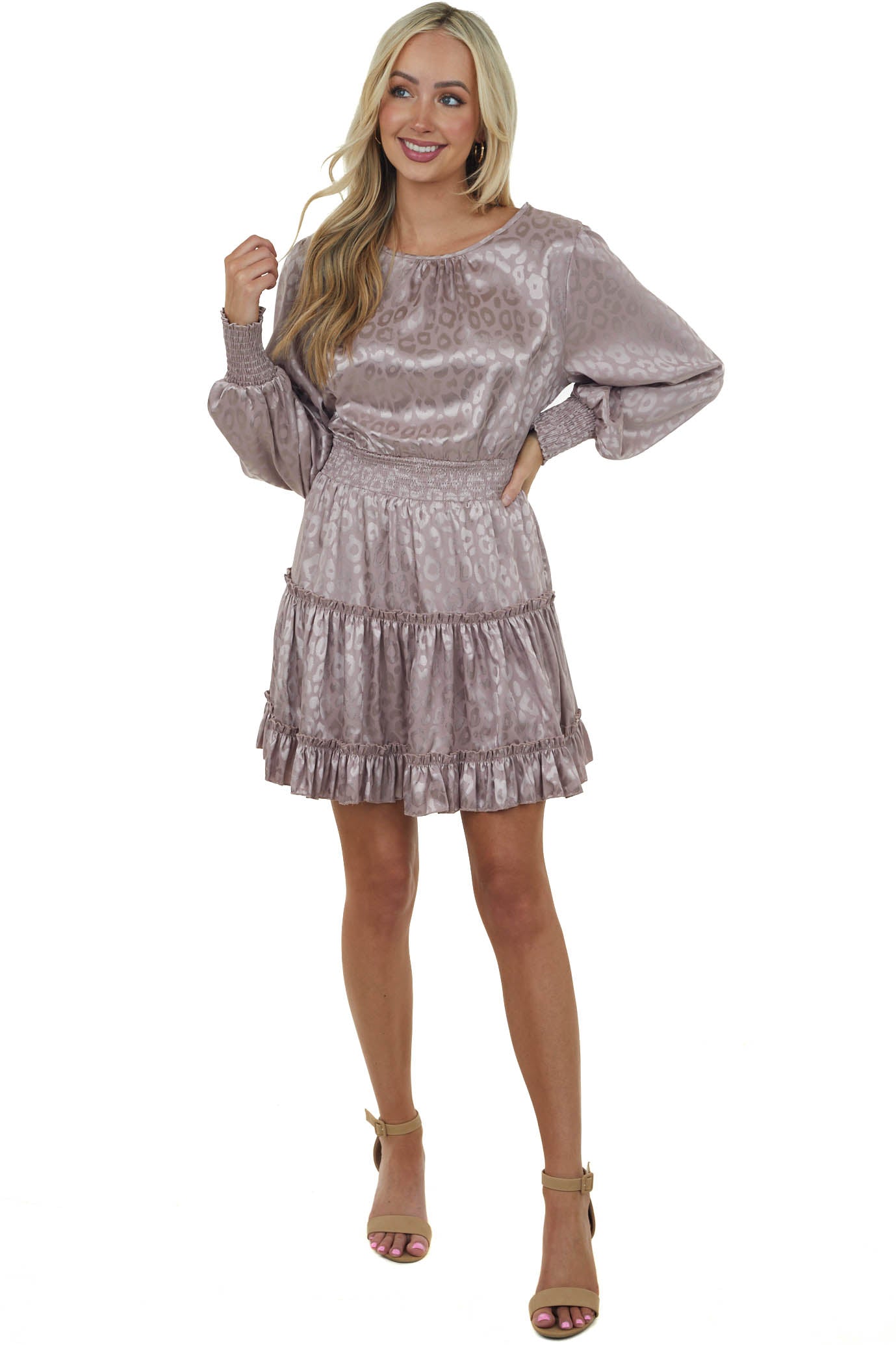 Dusty Rose Leopard Print Satin Smocked Short Dress