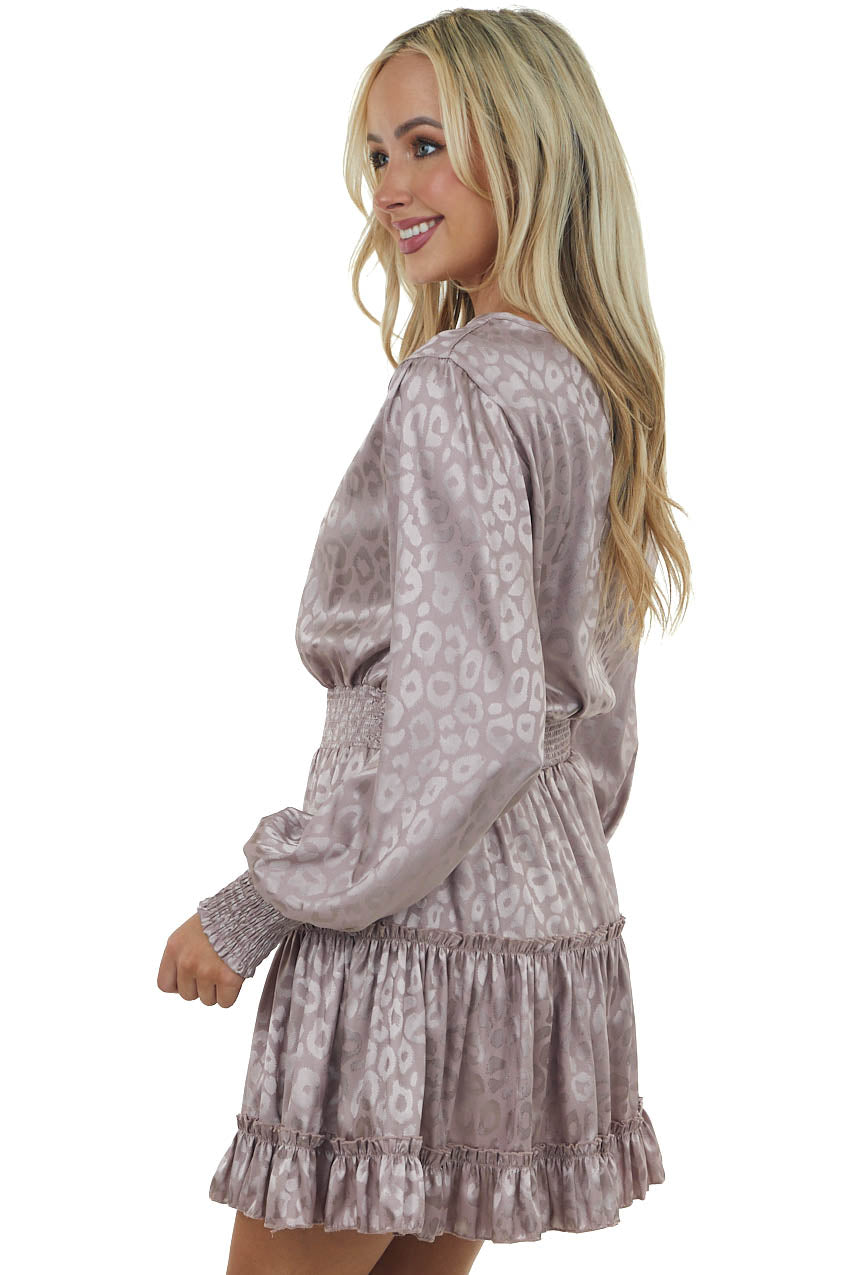 Dusty Rose Leopard Print Satin Smocked Short Dress