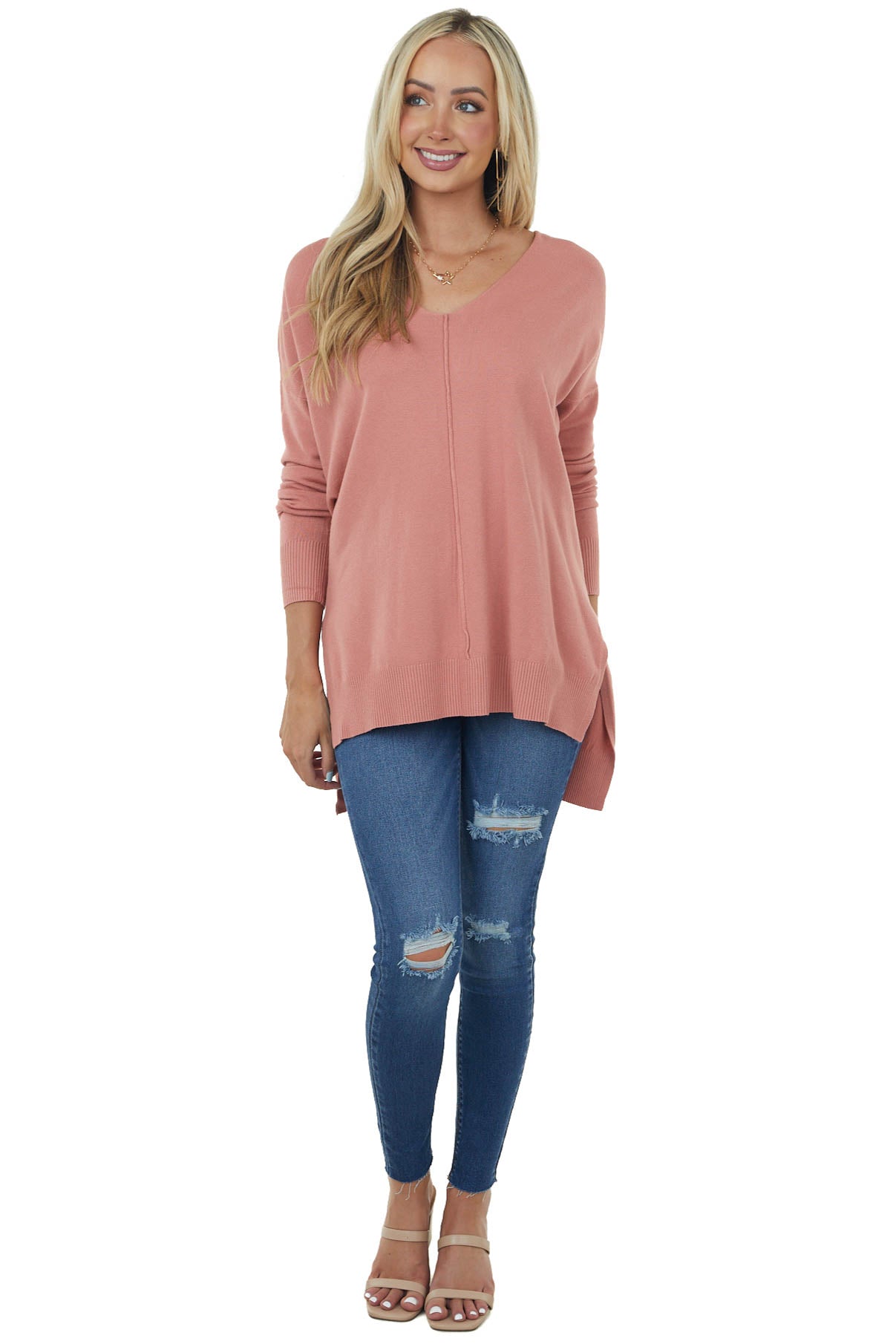 Dusty Rose Oversized High Low Hem Knit Tunic Top
