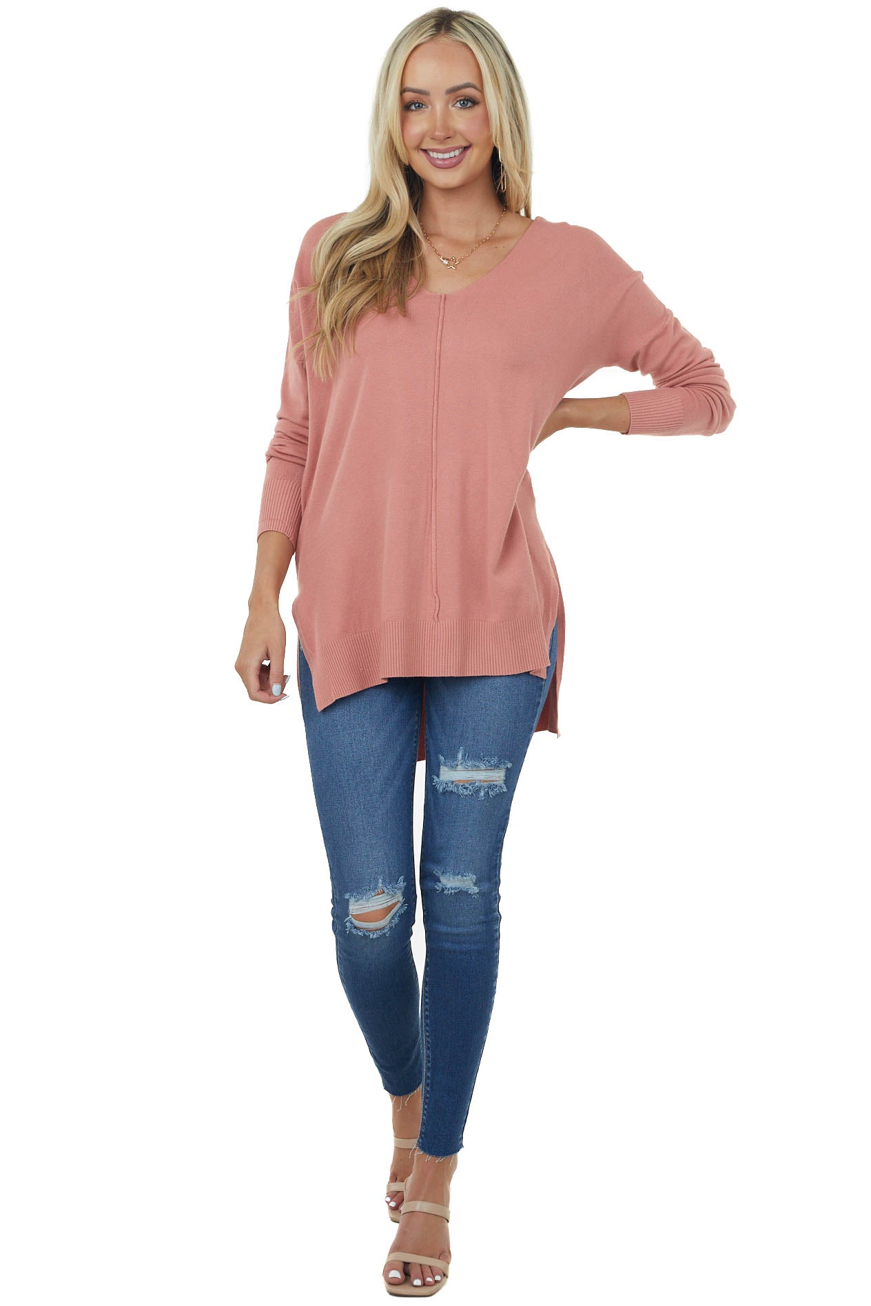 Dusty Rose Oversized High Low Hem Knit Tunic Top
