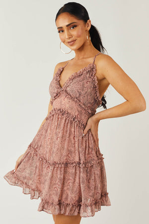 Dusty Rose Paisley Print Ruffle Tiered Mini Dress