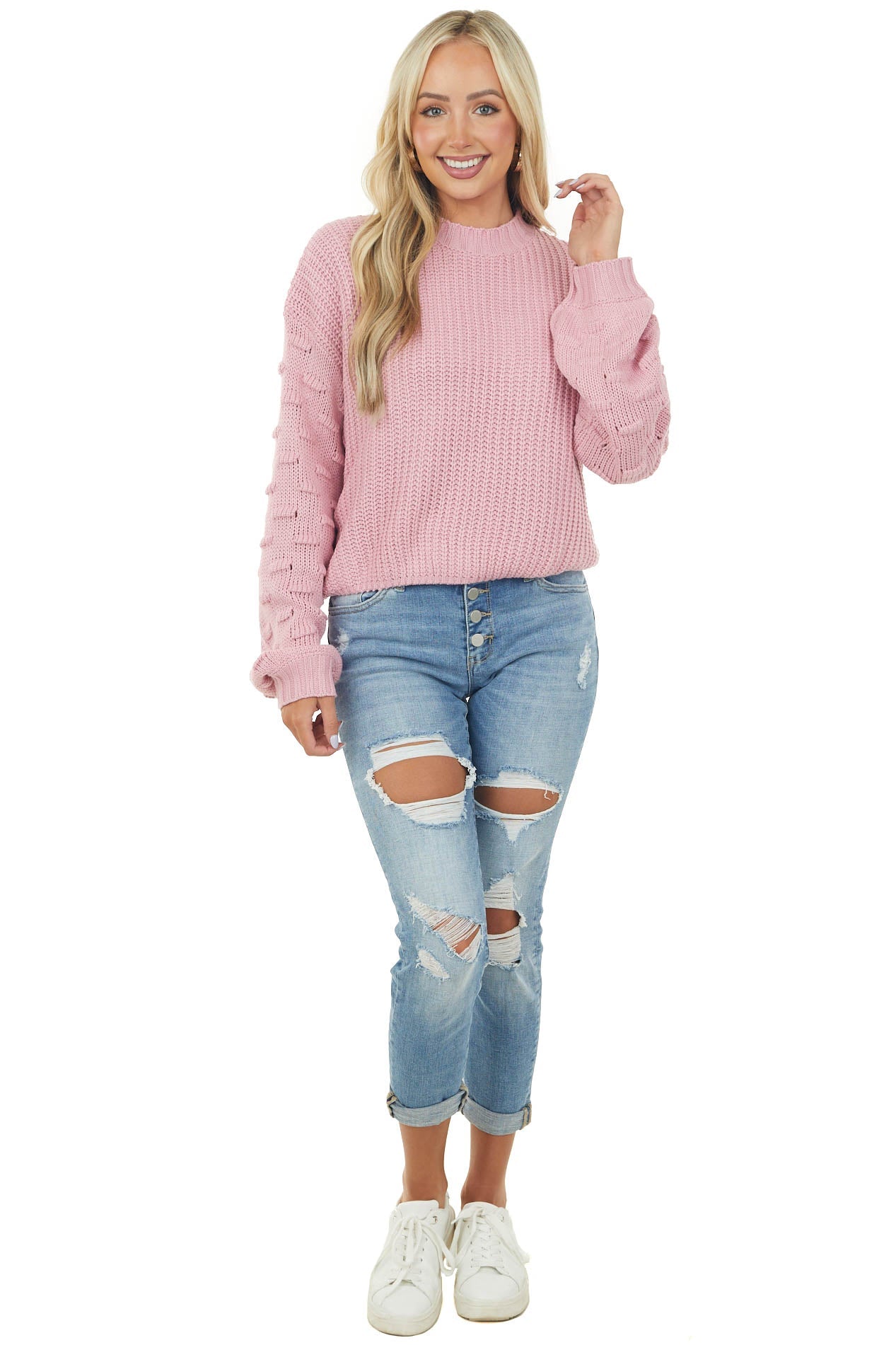 Dusty Rose Textured Bubble Sleeve Knit Sweater