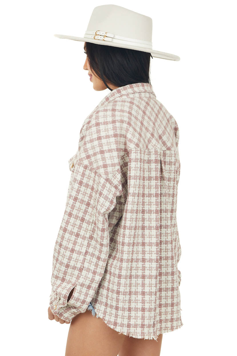 Dusty Rose Tweed Plaid Frayed Hem Shacket