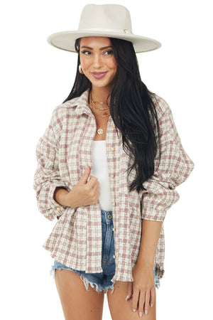 Dusty Rose Tweed Plaid Frayed Hem Shacket