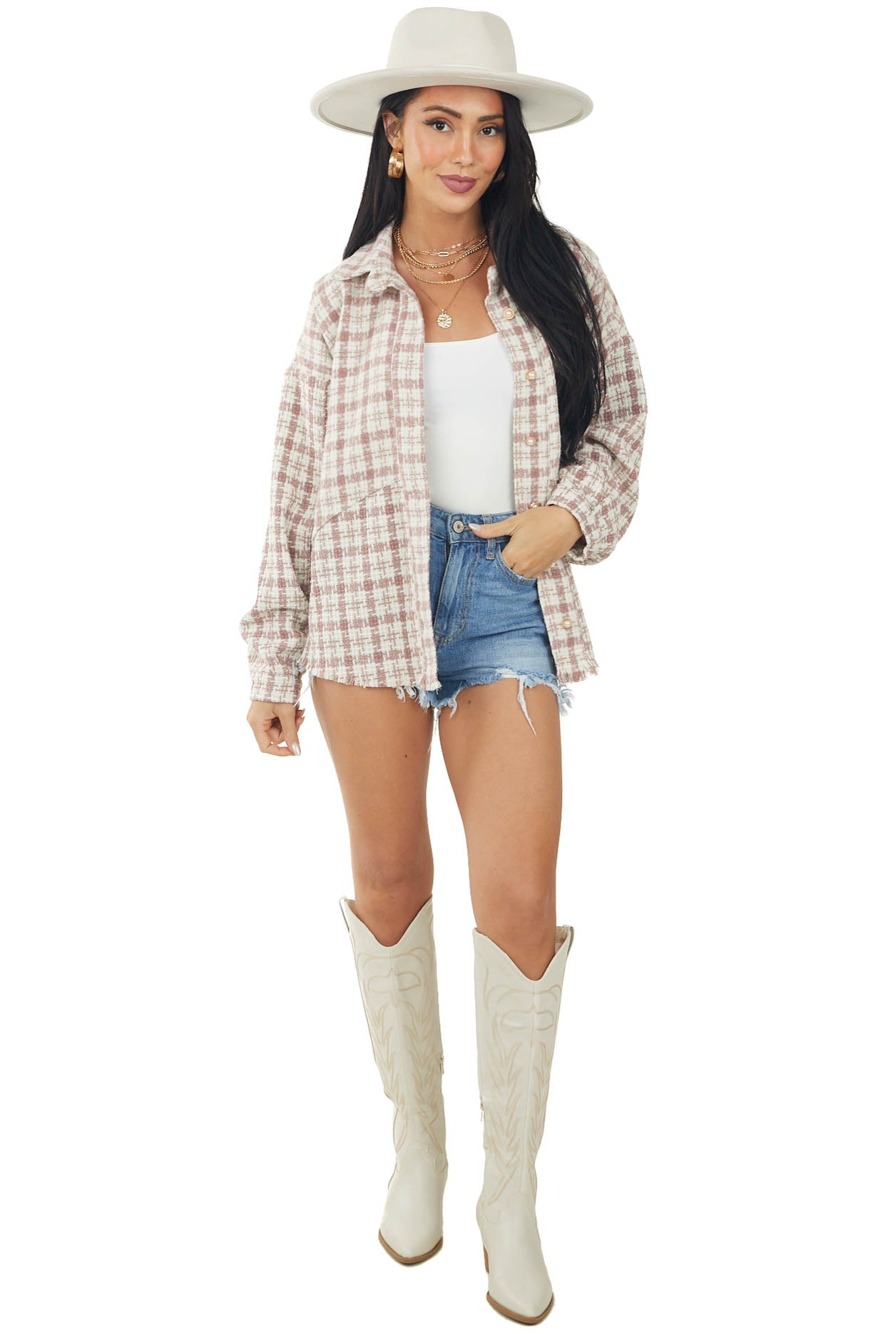Dusty Rose Tweed Plaid Frayed Hem Shacket