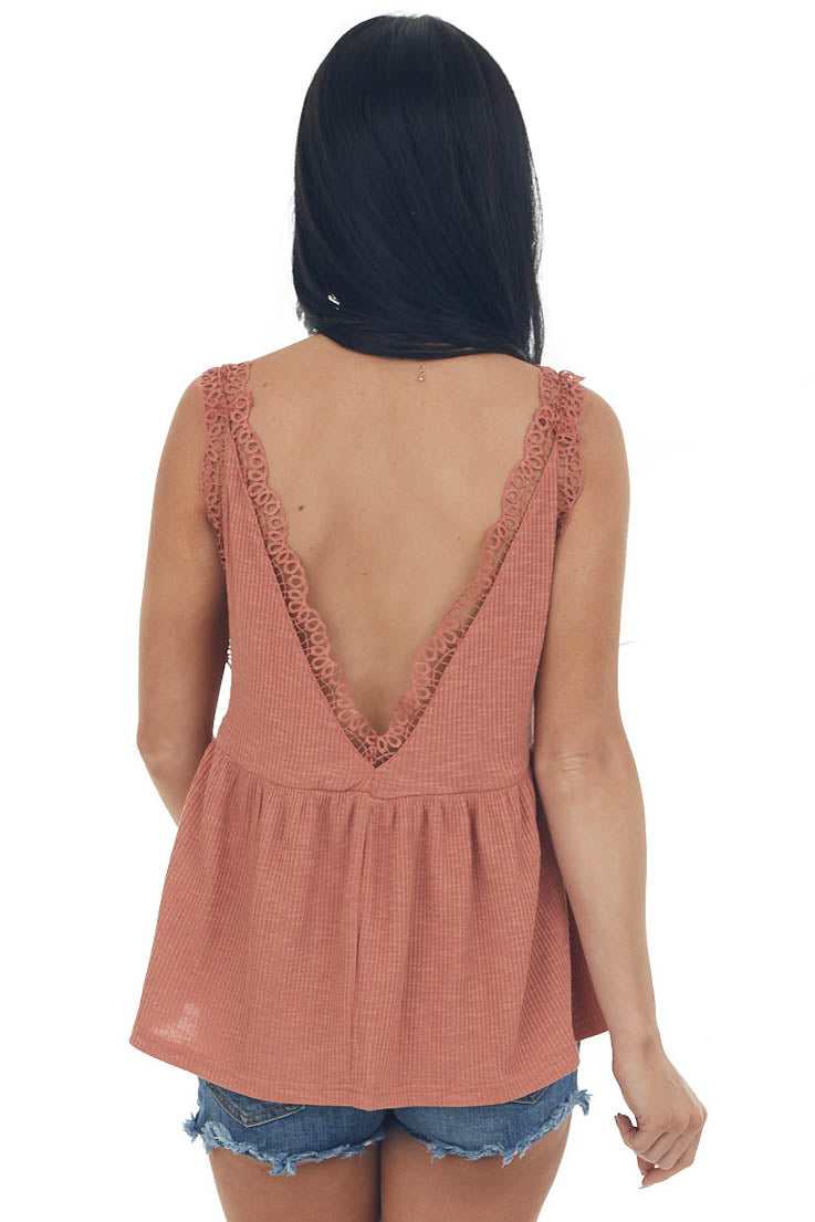 Dusty Salmon V Neck Tank Top with Crochet Lace Trim