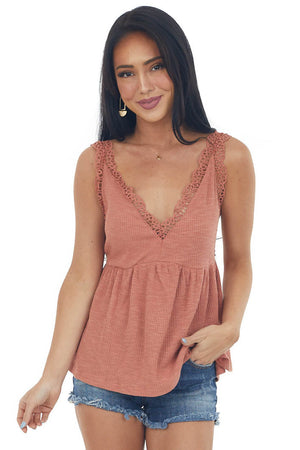 Dusty Salmon V Neck Tank Top with Crochet Lace Trim