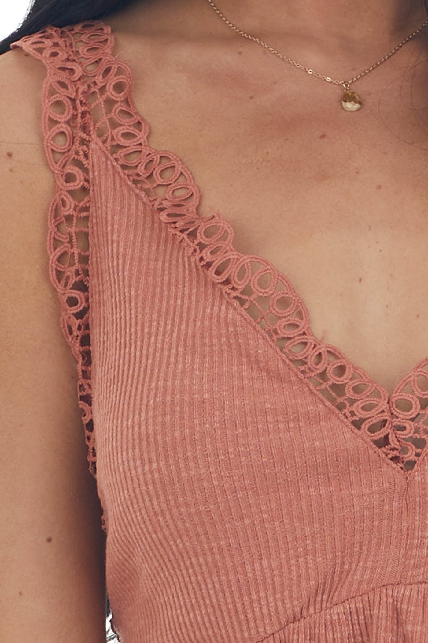 Dusty Salmon V Neck Tank Top with Crochet Lace Trim