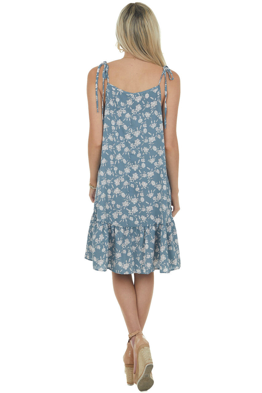 Dusty Slate Floral Print Sleeveless Short Ruffled Dress