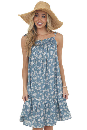 Dusty Slate Floral Print Sleeveless Short Ruffled Dress