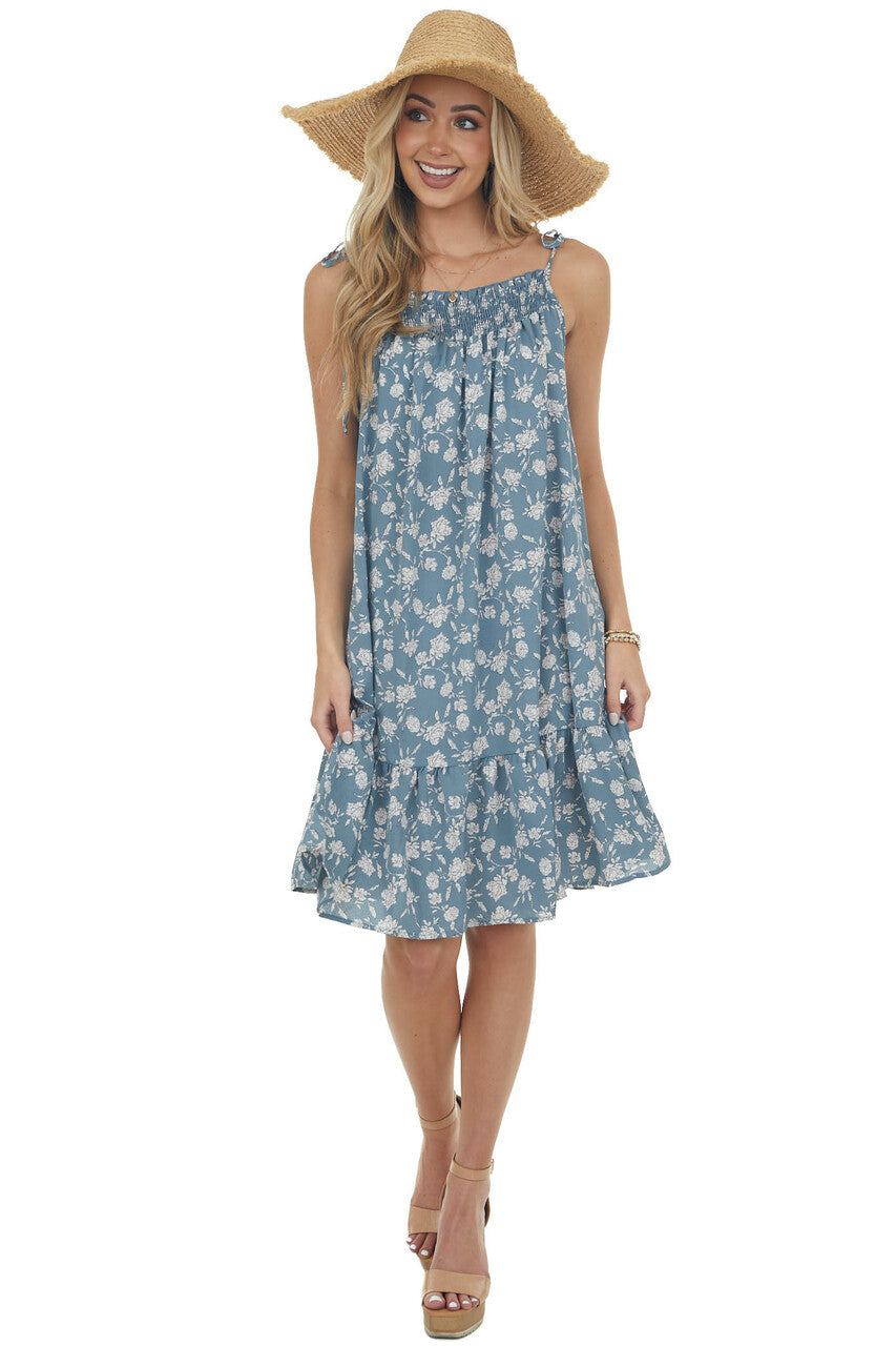 Dusty Slate Floral Print Sleeveless Short Ruffled Dress