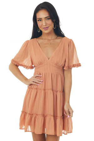 Dusty Tawny Ruffle Tiered Textured Mini Dress
