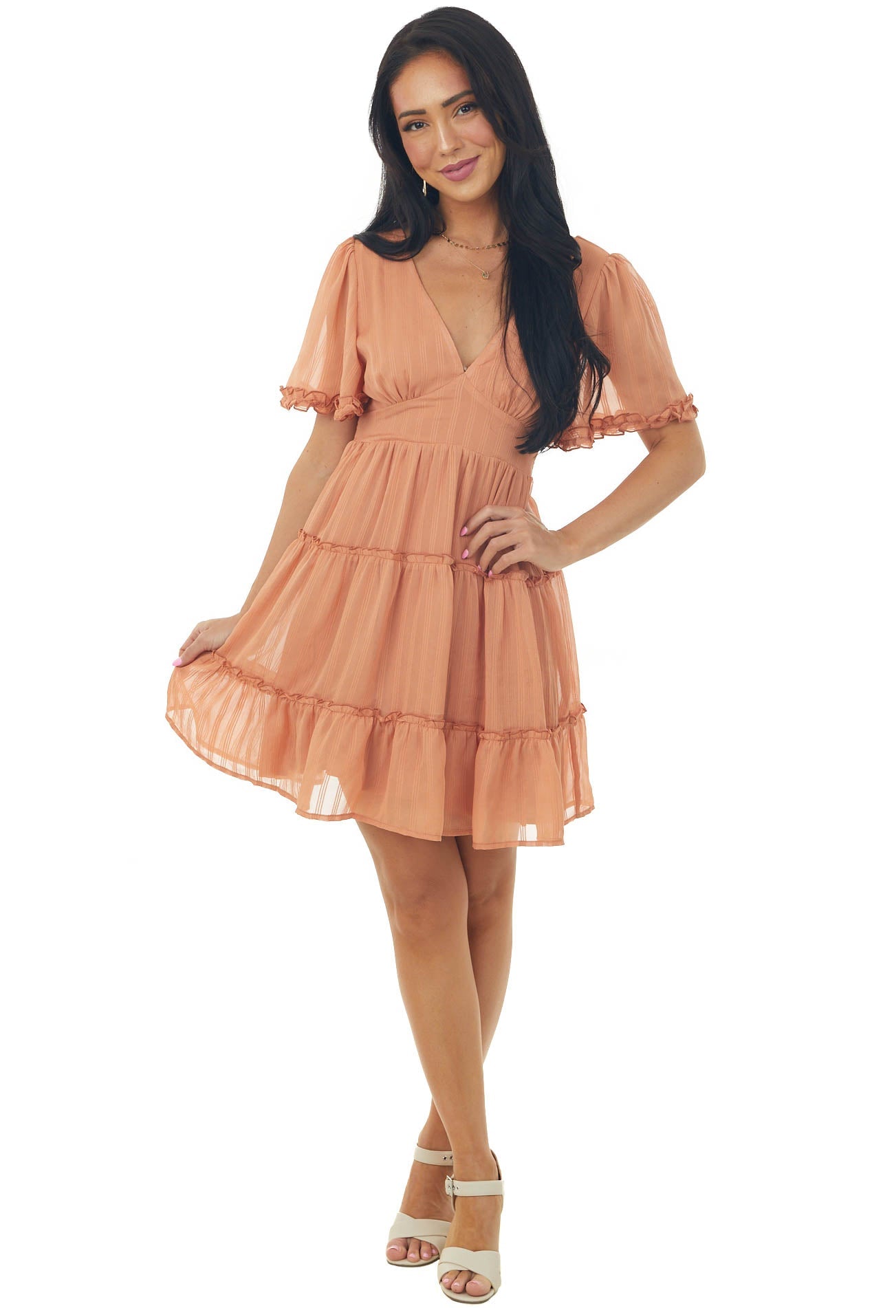 Dusty Tawny Ruffle Tiered Textured Mini Dress
