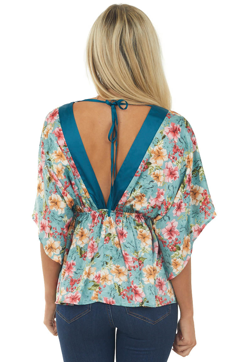 Dusty Teal Floral Print Kimono Sleeve Satin Blouse