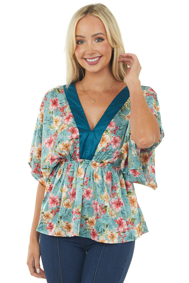 Dusty Teal Floral Print Kimono Sleeve Satin Blouse
