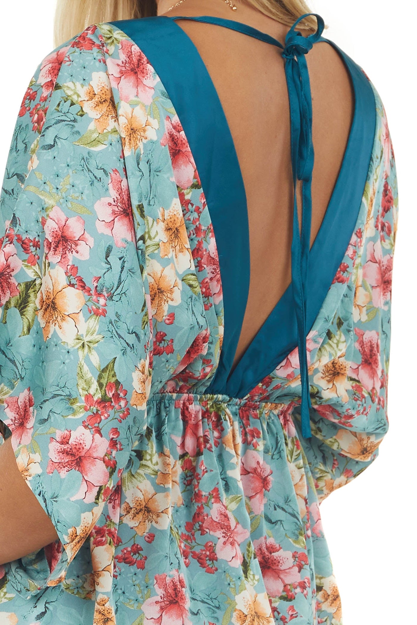 Dusty Teal Floral Print Kimono Sleeve Satin Blouse