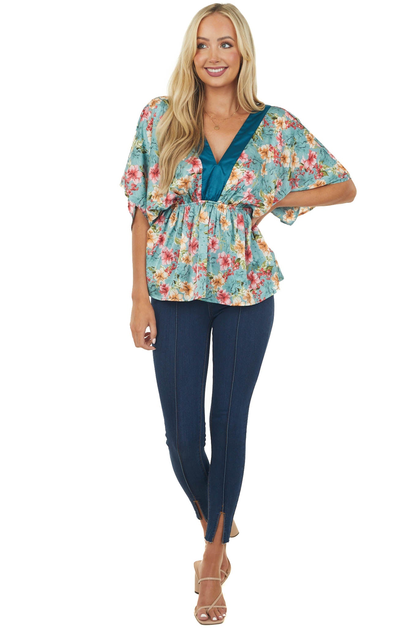 Dusty Teal Floral Print Kimono Sleeve Satin Blouse