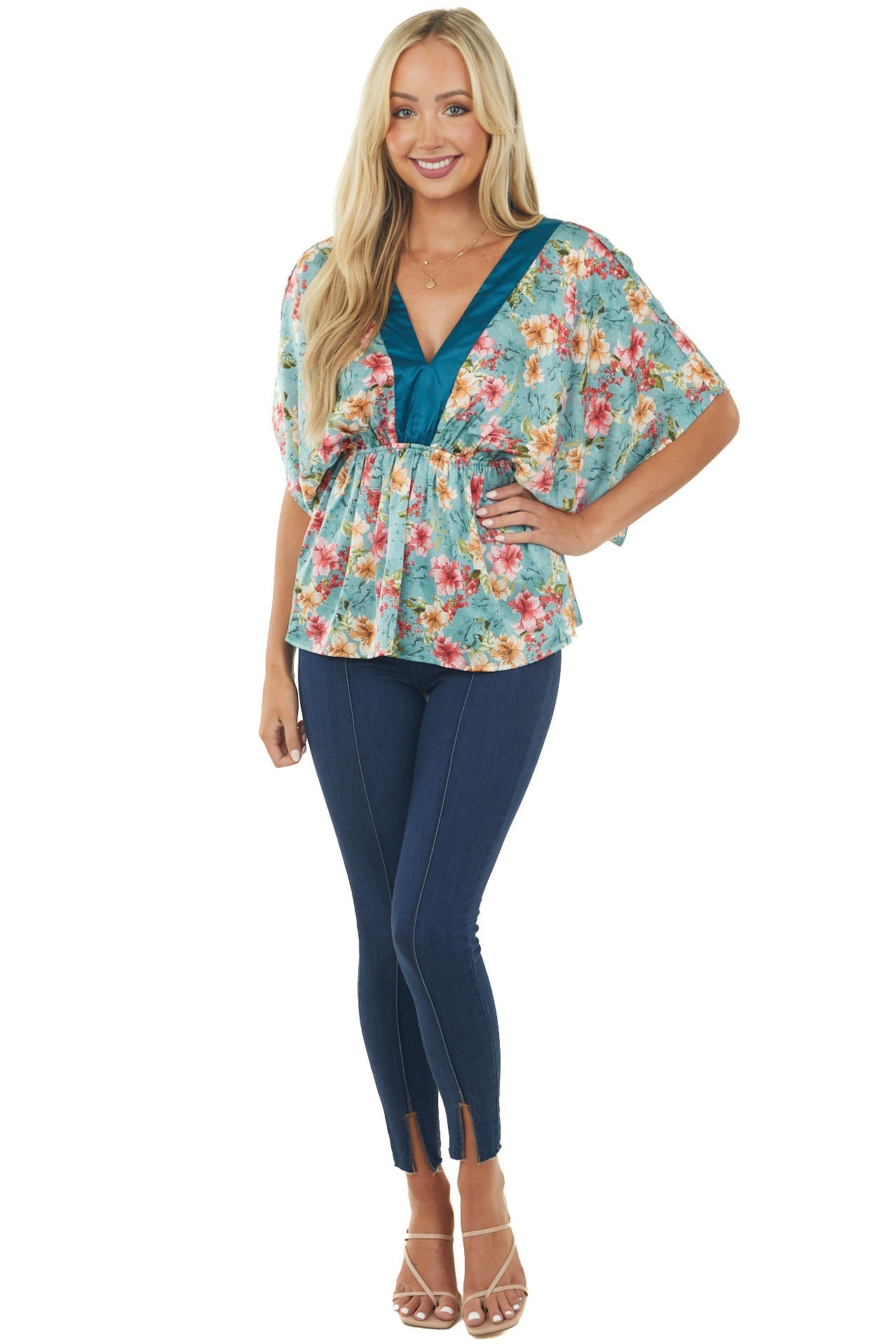 Dusty Teal Floral Print Kimono Sleeve Satin Blouse