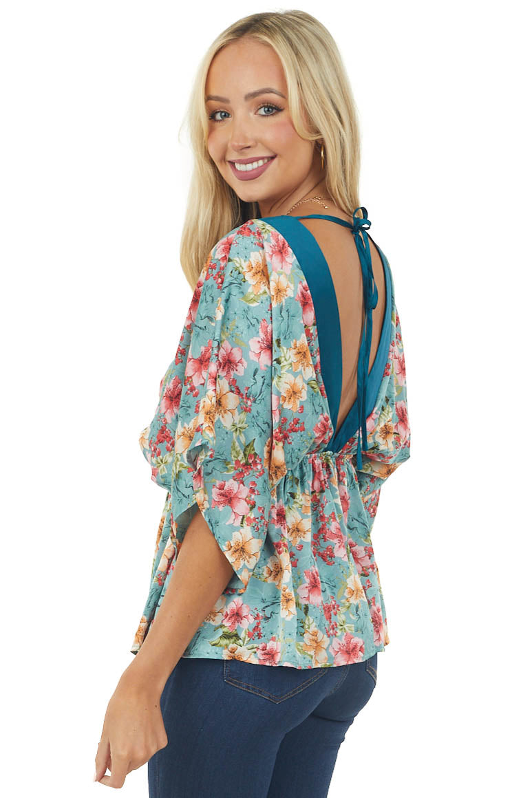 Dusty Teal Floral Print Kimono Sleeve Satin Blouse