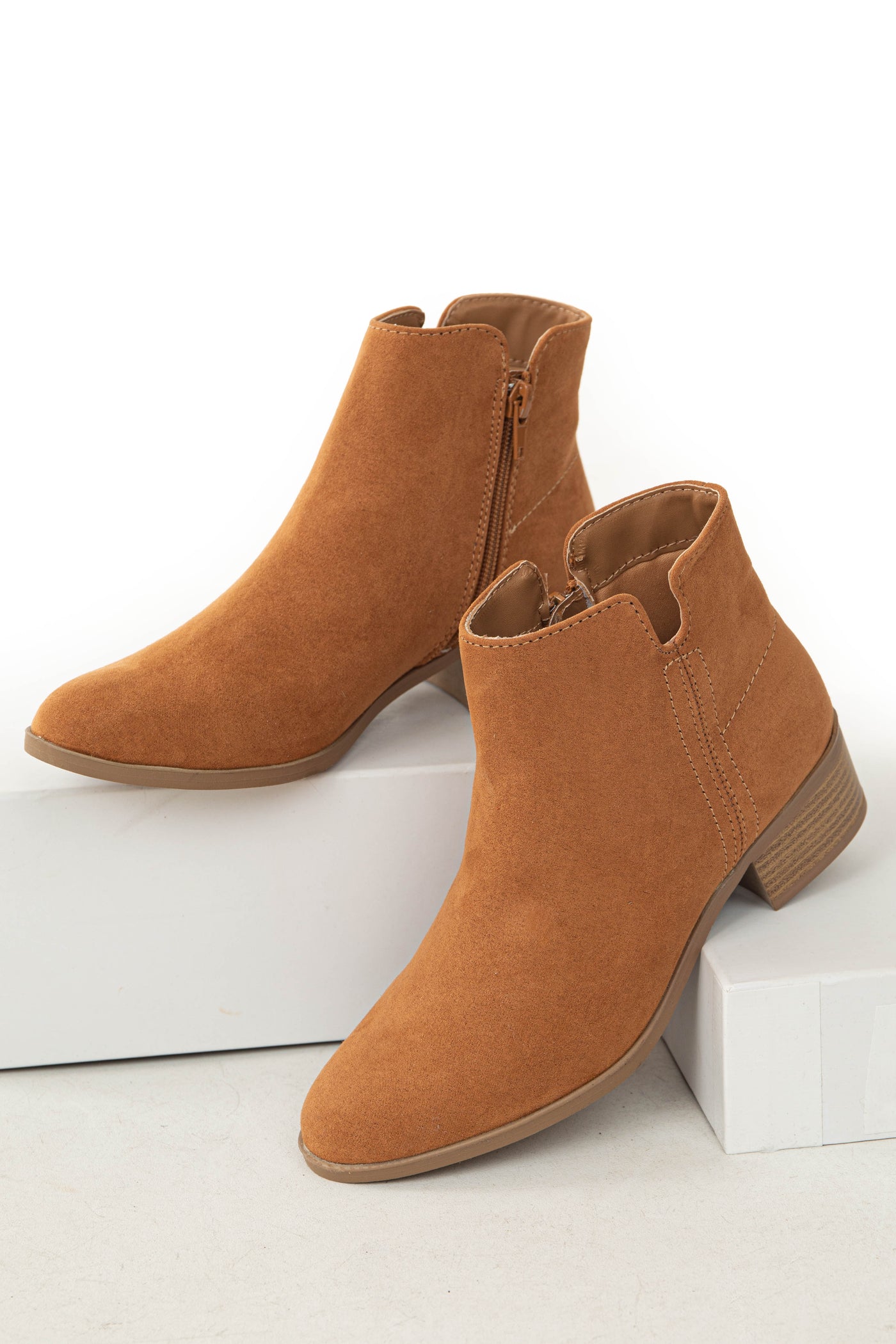 Dusty Copper Faux Suede Stacked Heel Booties