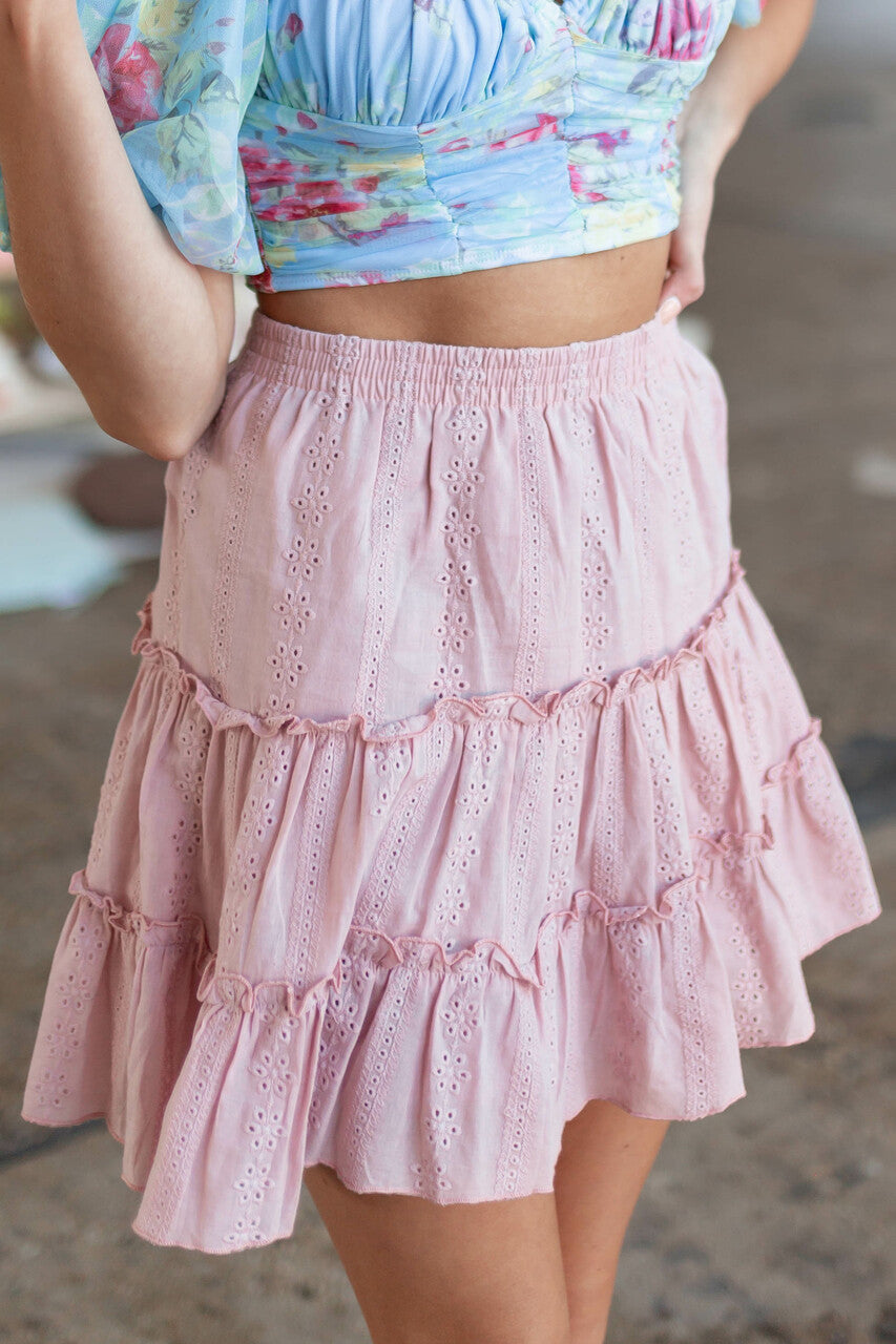 Dusty Blush Eyelet Lace Tiered Short Skirt