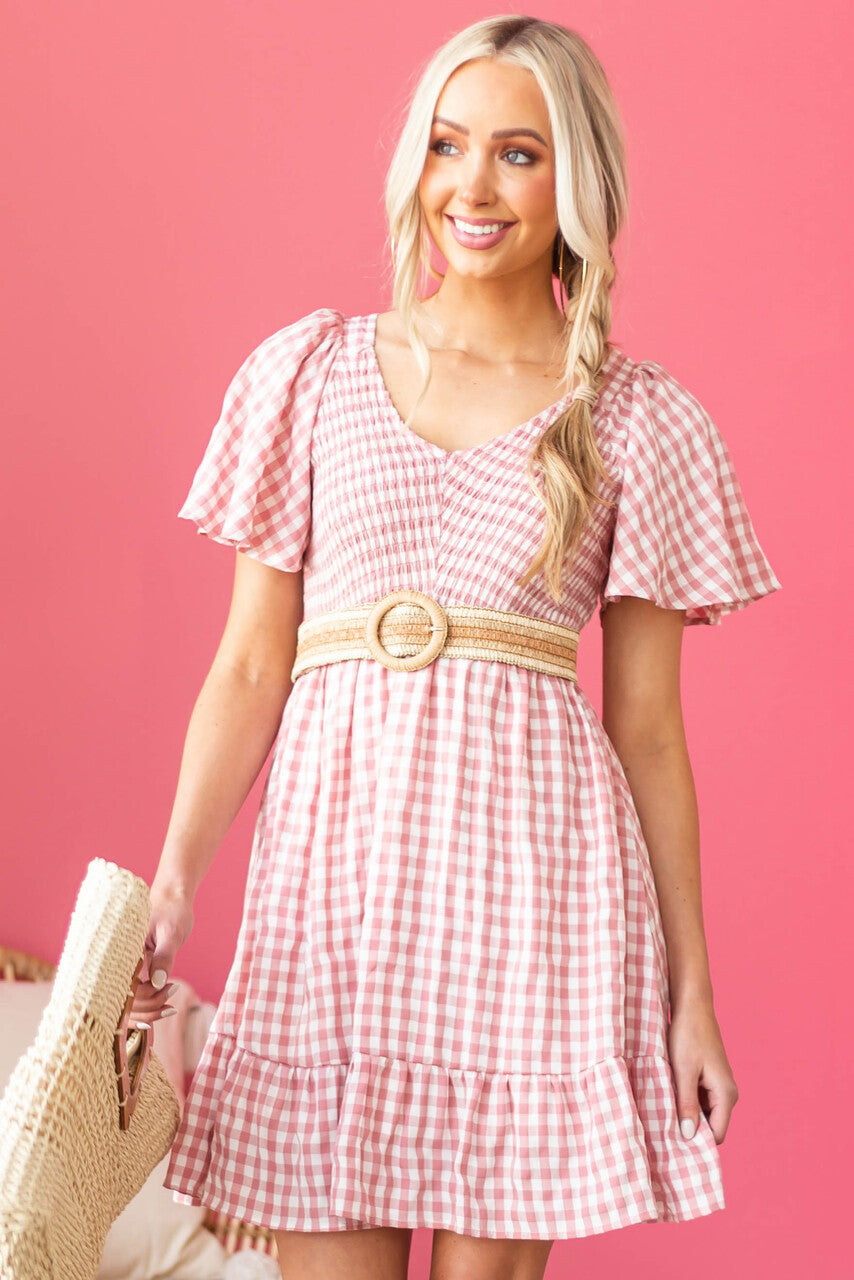 Dusty Rose Gingham Smocked Woven Short Dress