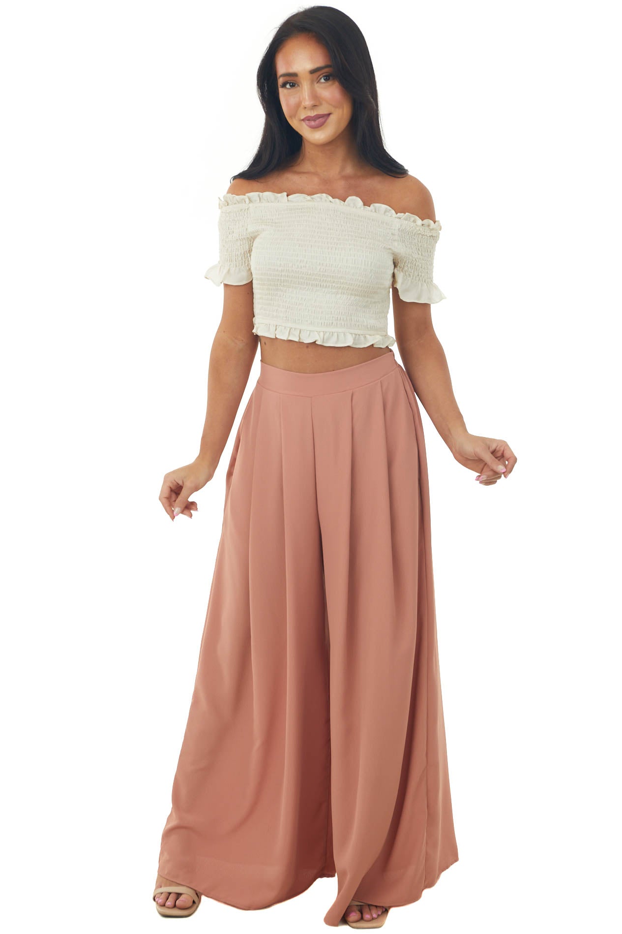 Ecru Off the Shoulder Smocked Crop Top with Ruffle Details