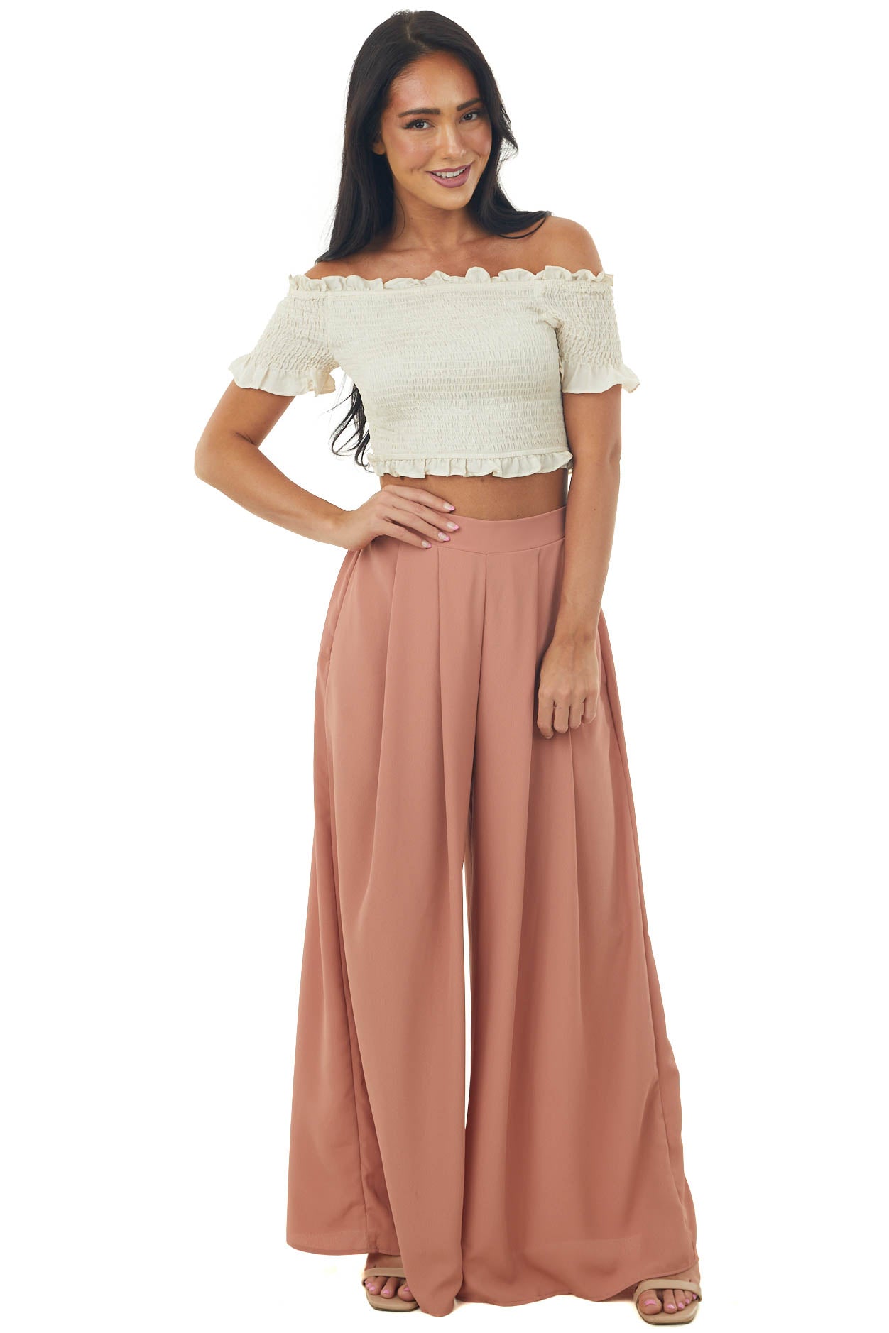 Ecru Off the Shoulder Smocked Crop Top with Ruffle Details