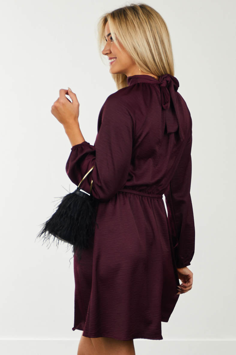 Eggplant High Neck Bishop Sleeve Satin Dress