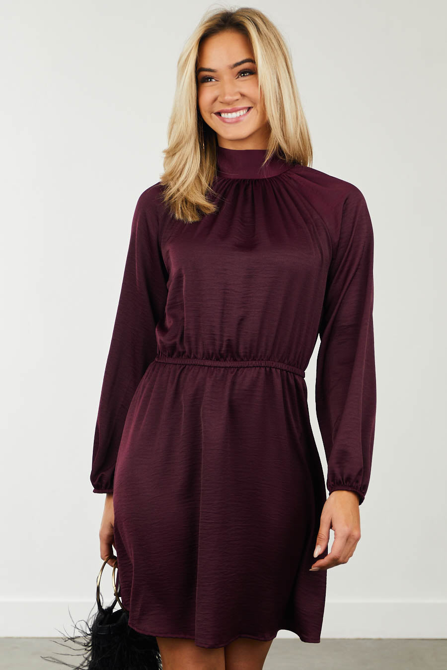 Eggplant High Neck Bishop Sleeve Satin Dress