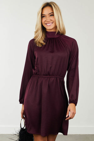 Eggplant High Neck Bishop Sleeve Satin Dress