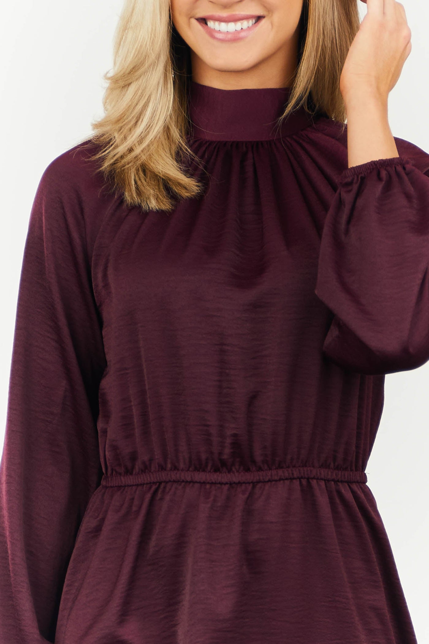 Eggplant High Neck Bishop Sleeve Satin Dress