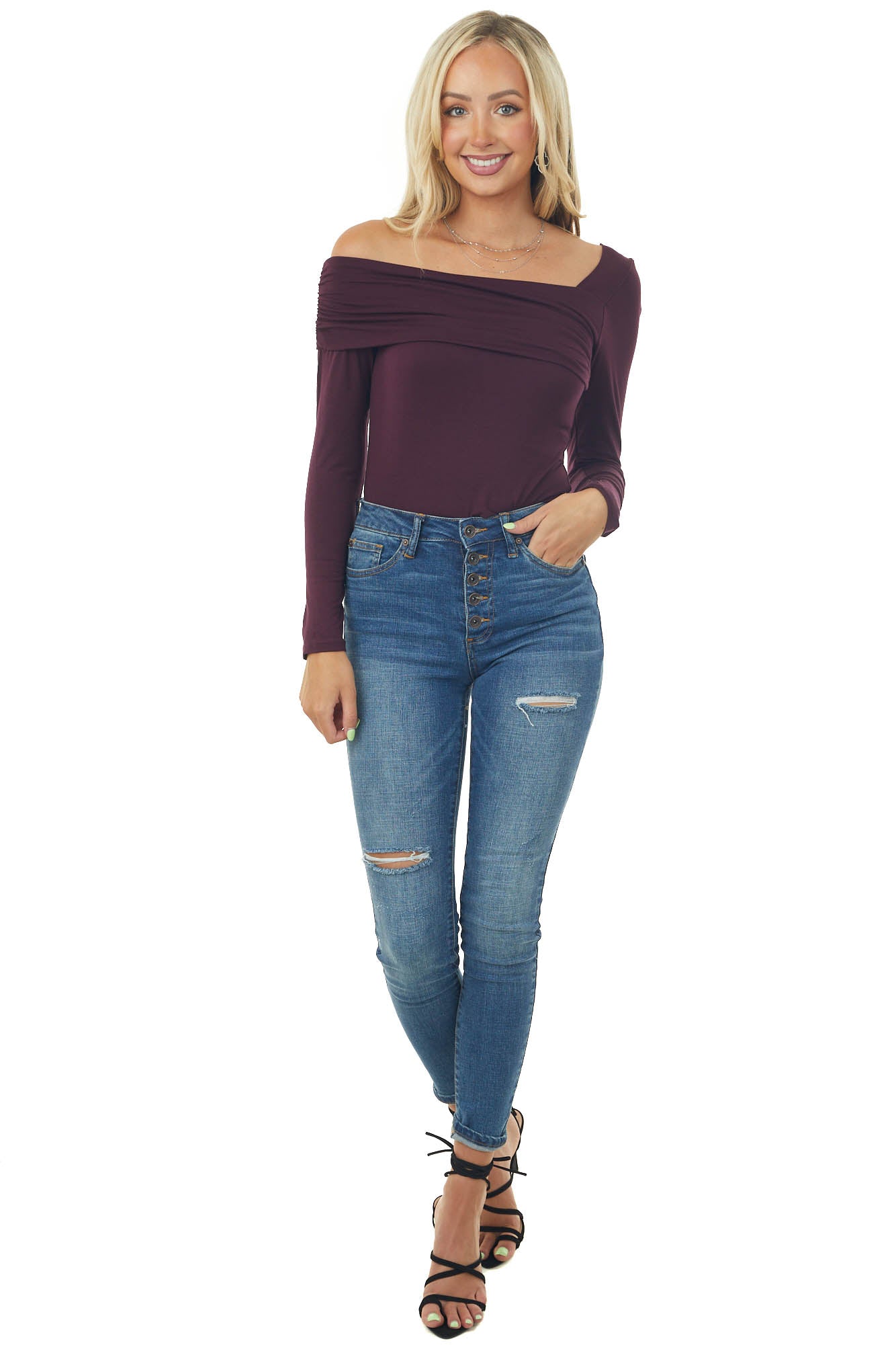 Eggplant Off Shoulder Overlay Detail Bodysuit