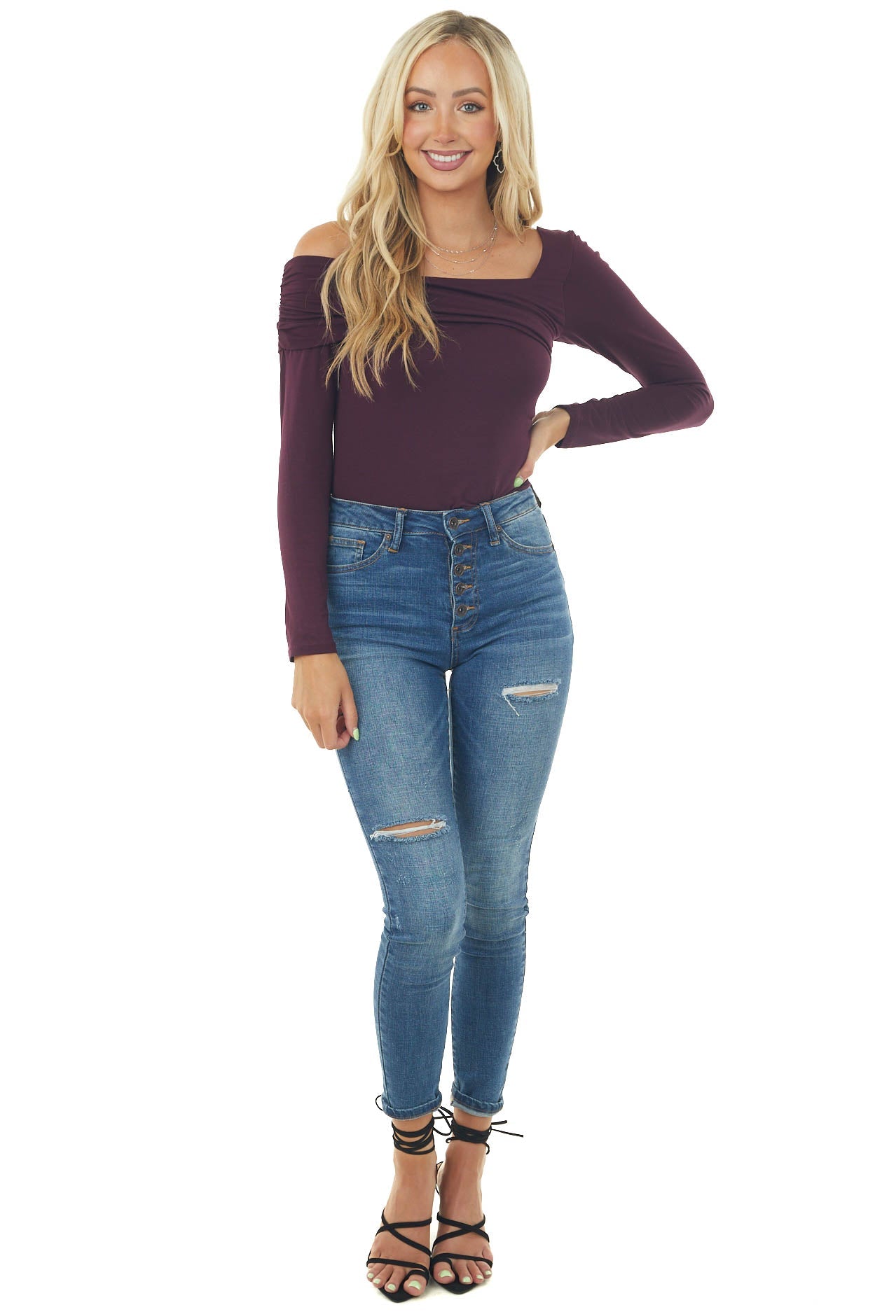 Eggplant Off Shoulder Overlay Detail Bodysuit
