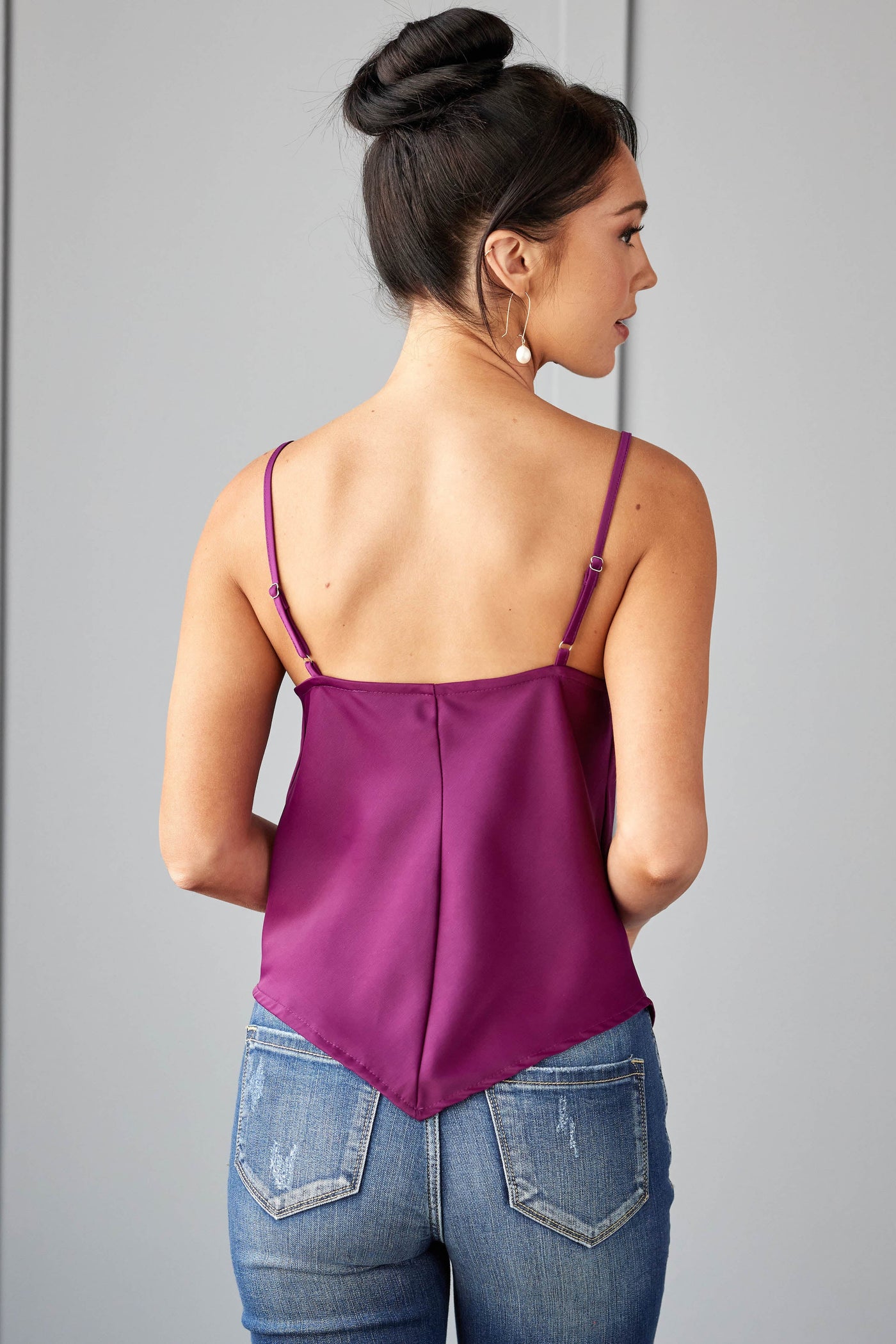 Eggplant Satin Cowl Neck Handkerchief Hem Cami