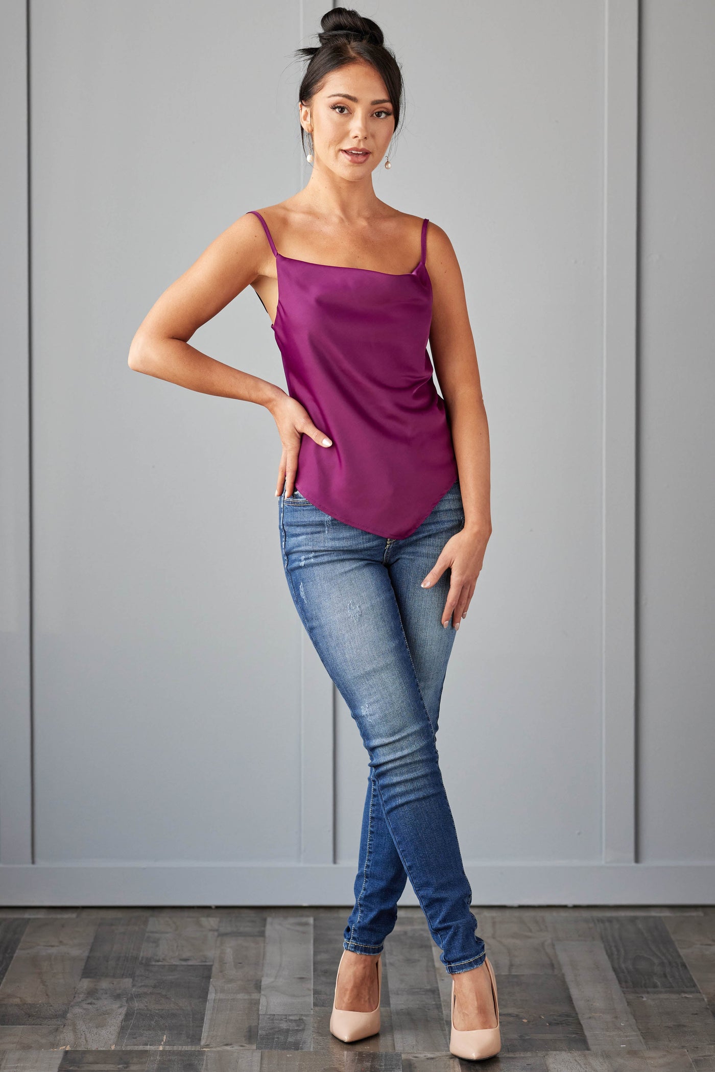 Eggplant Satin Cowl Neck Handkerchief Hem Cami