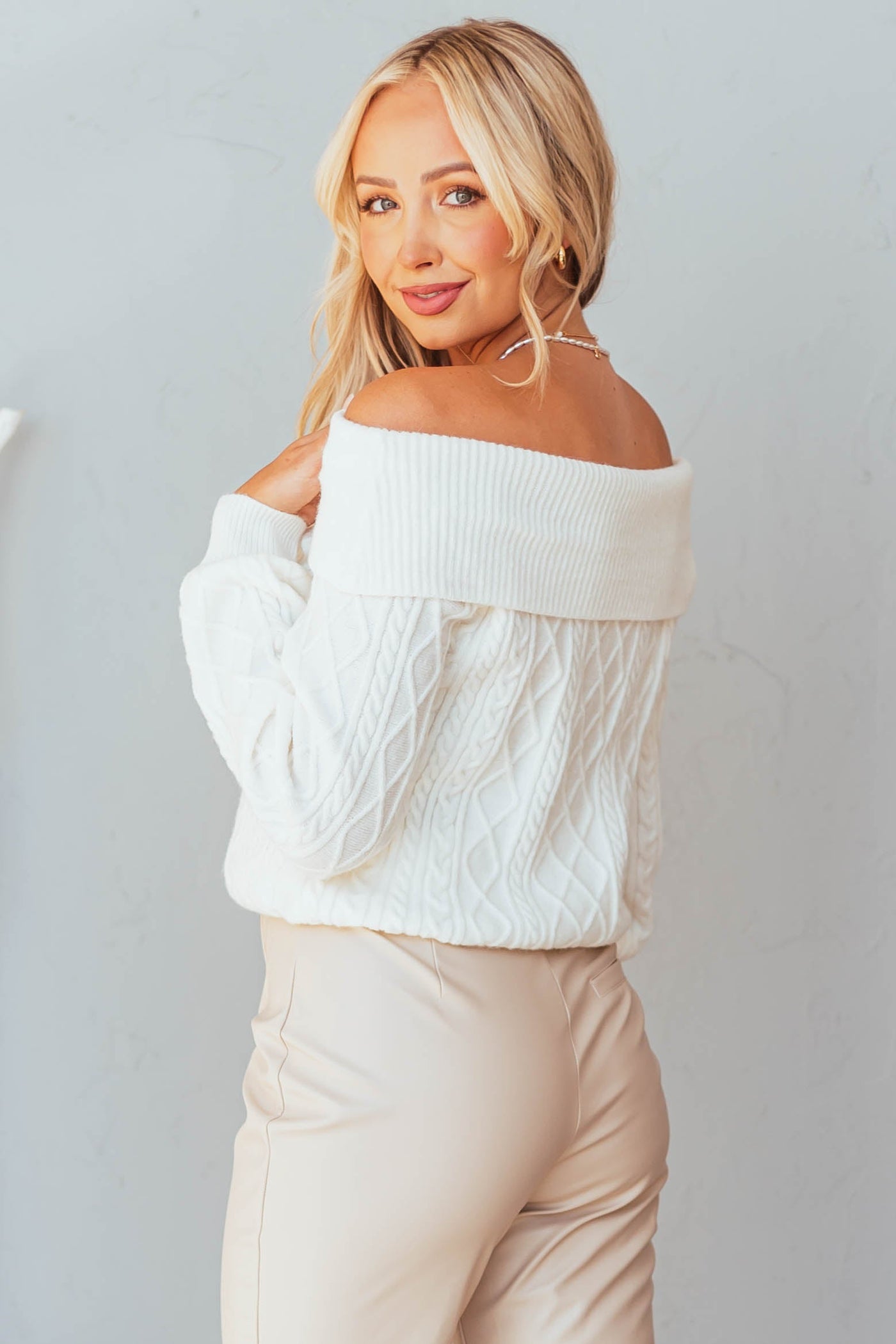 Eggshell White Off Shoulder Cable Knit Sweater