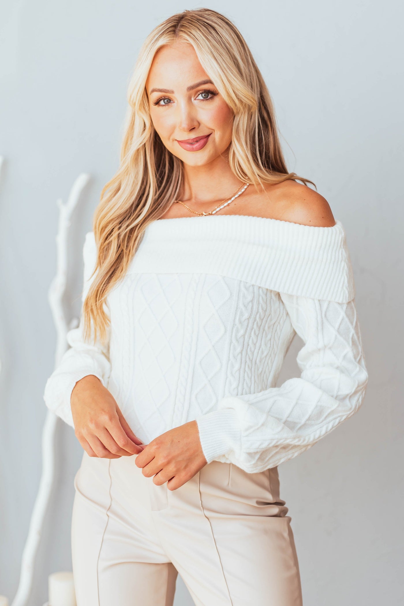 Eggshell White Off Shoulder Cable Knit Sweater
