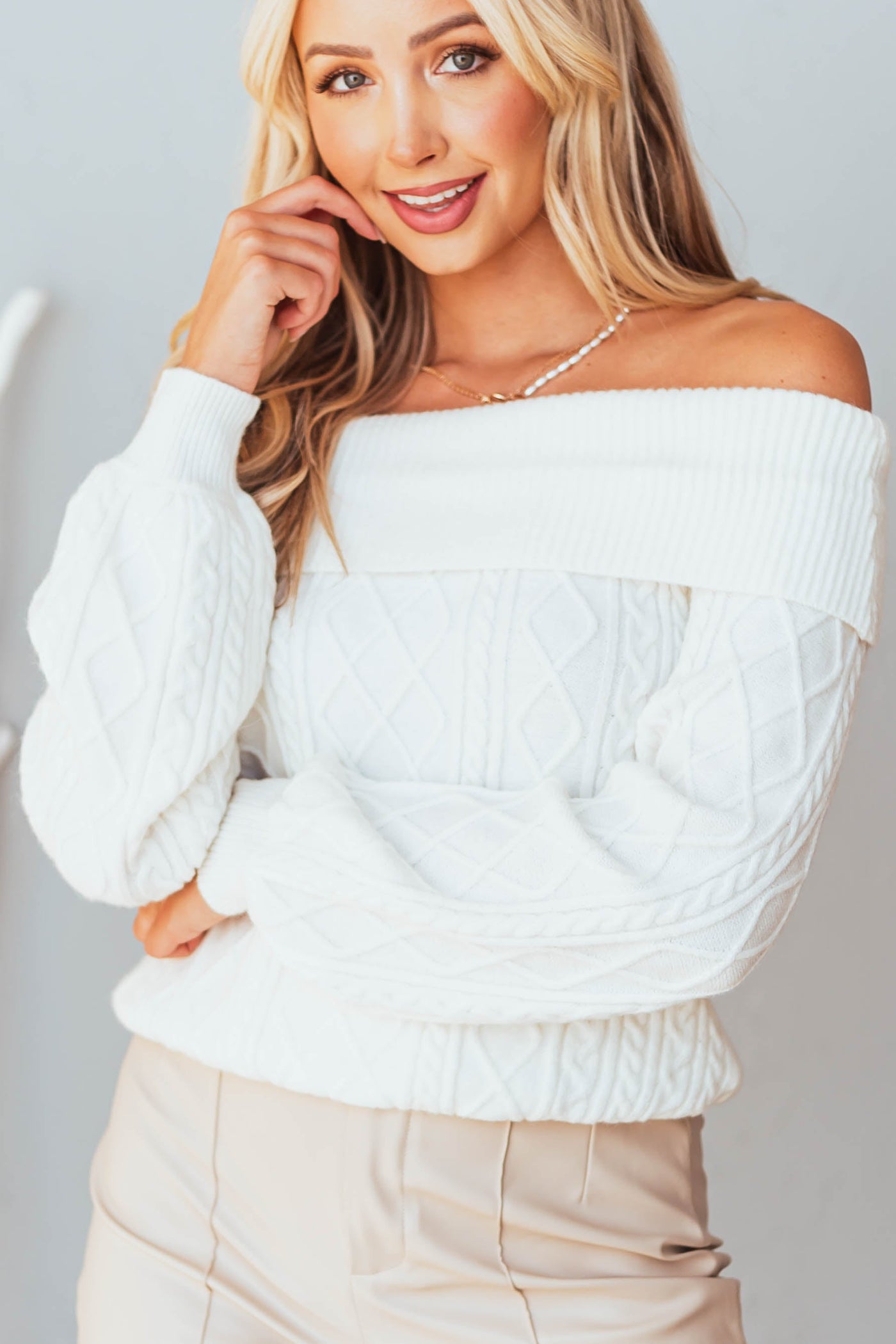 Eggshell White Off Shoulder Cable Knit Sweater