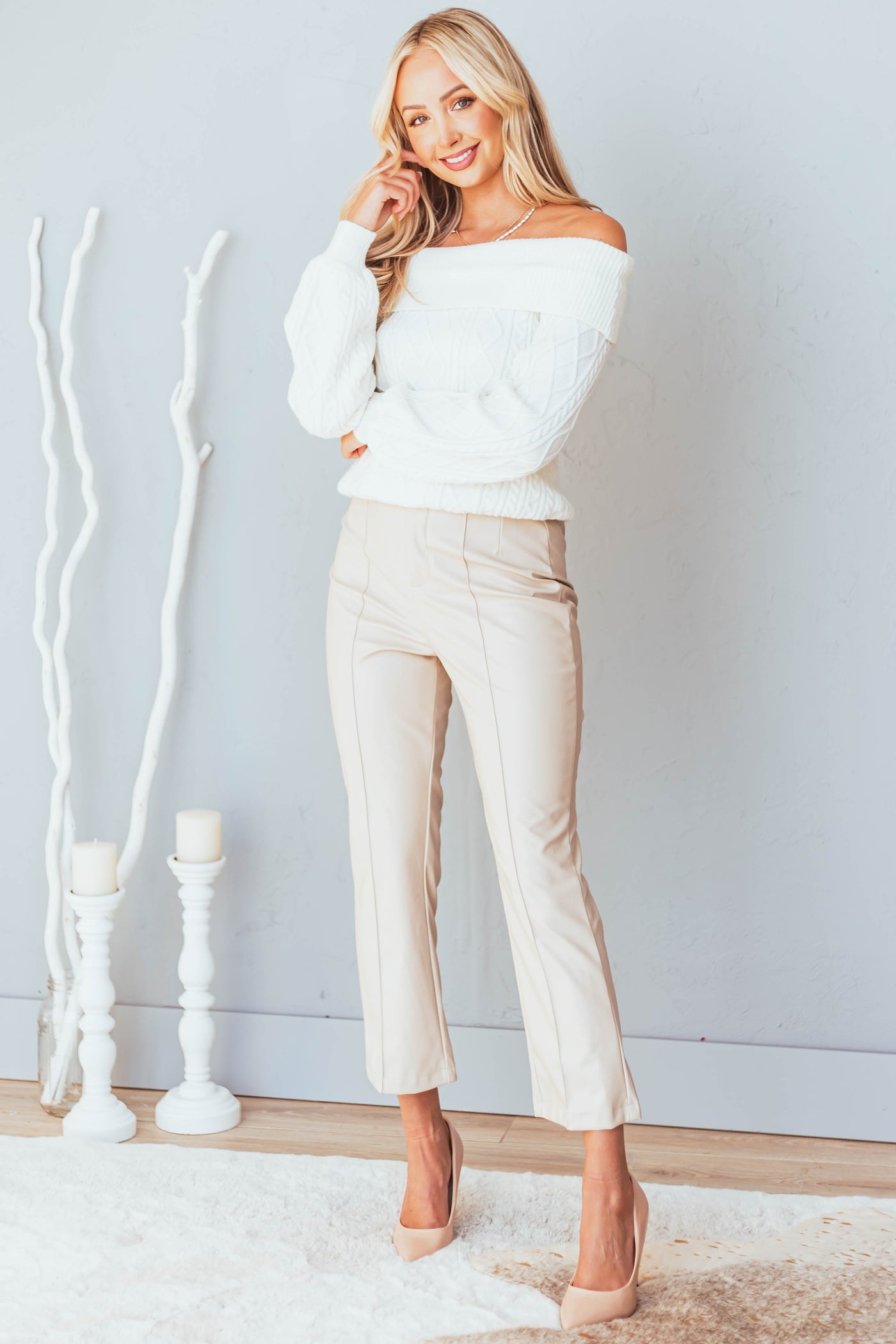 Eggshell White Off Shoulder Cable Knit Sweater