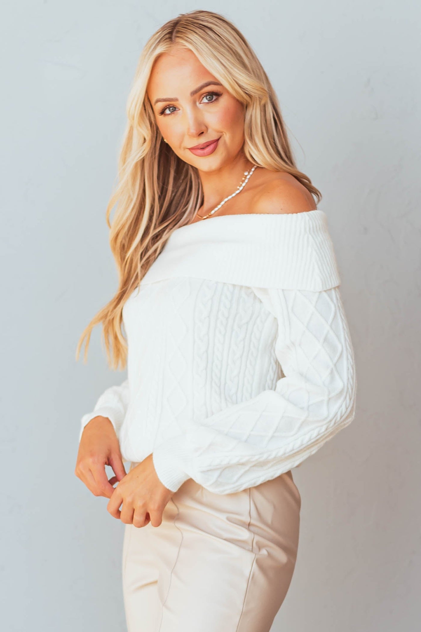Eggshell White Off Shoulder Cable Knit Sweater