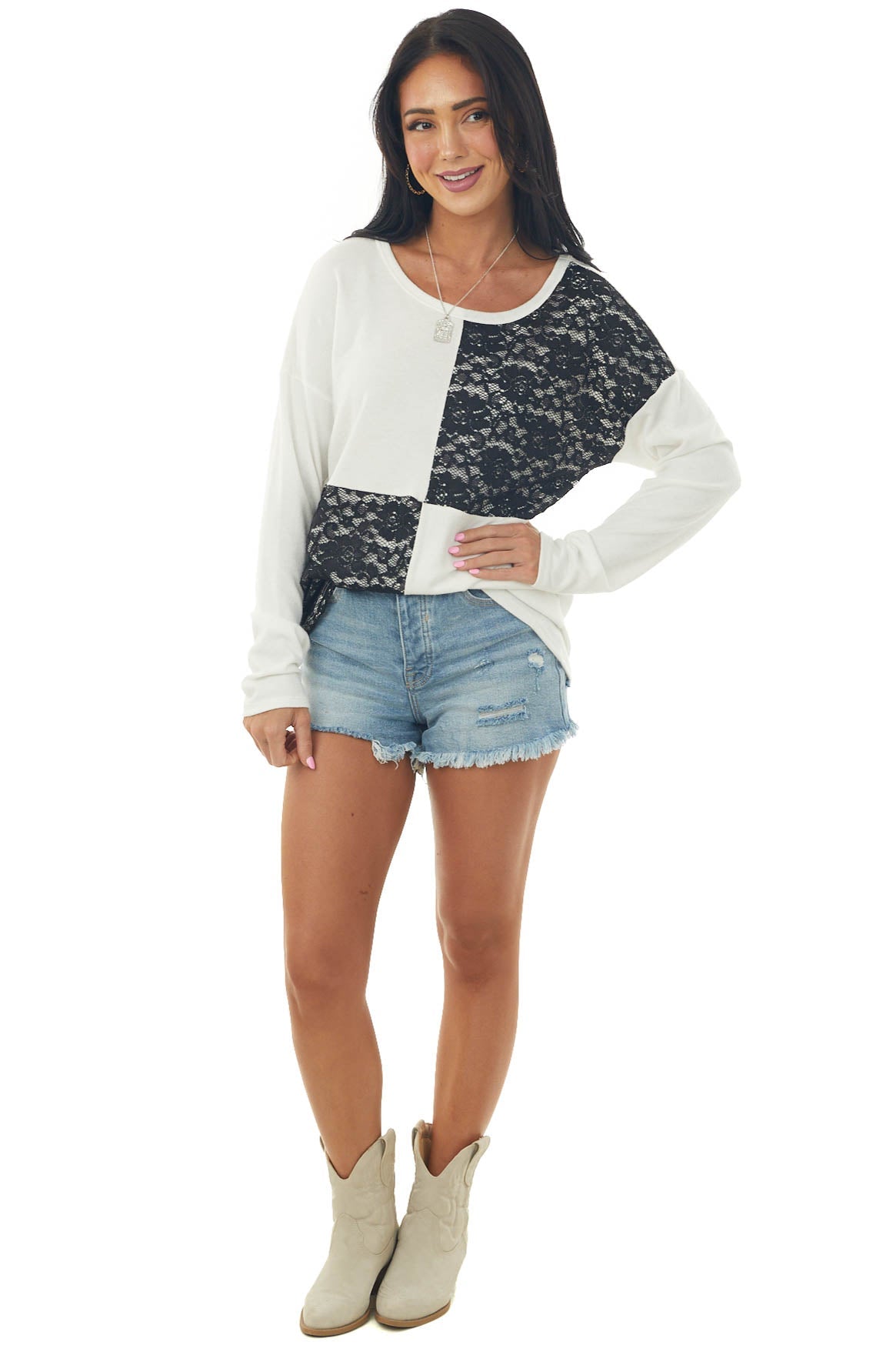 Eggshell and Black Lace Long Sleeve Top