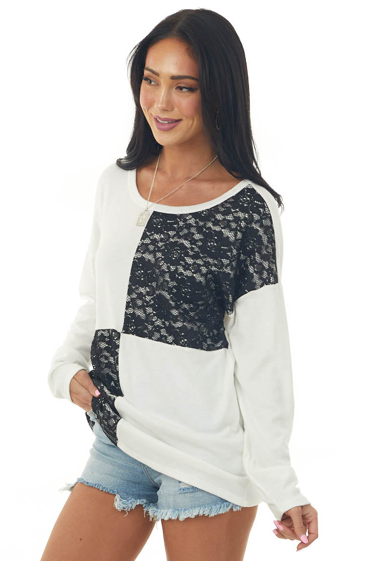 Eggshell and Black Lace Long Sleeve Top