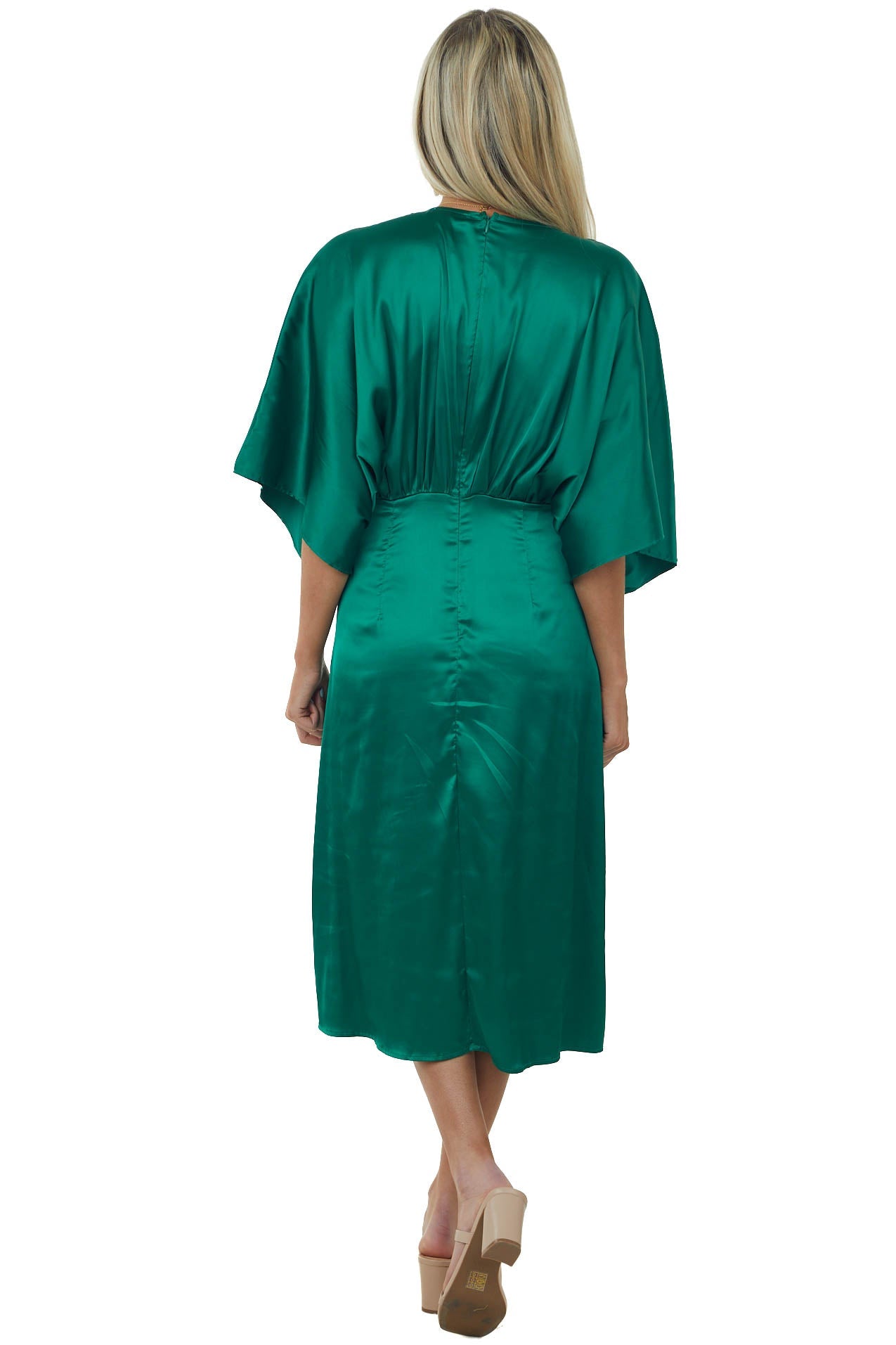 Emerald Green Kimono Sleeve Satin Midi Dress